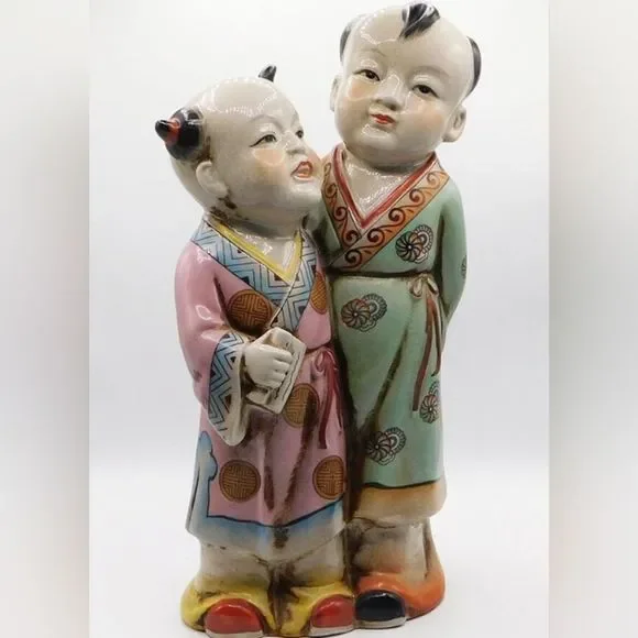 Vintage Antique Japanese Porcelain Polychrome Kutani Imari Double Statue 14"Tall - Picture 2 of 9